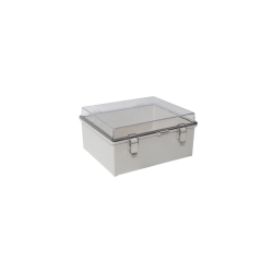 GABINETE PLÁSTICO ABS,  PUERTA TRANSPARENTE,  USO EN INTEMPERIE (300 X 300 X 180 MM) CIERRE POR BROCHES INOXIDABLES.